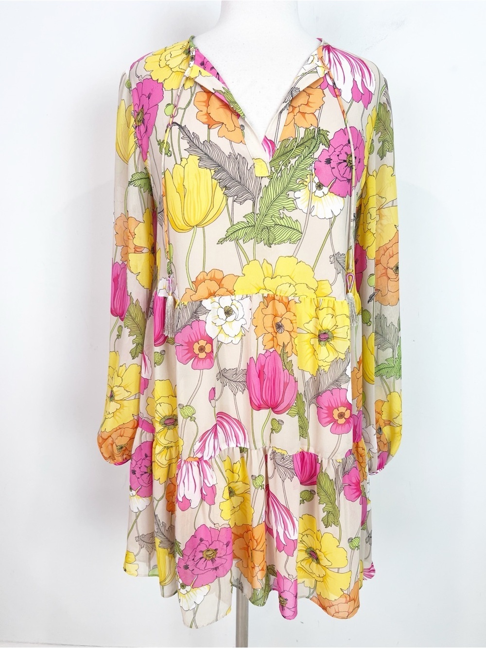 TRINA TURK TAN YELLOW PINK GREEN FLORAL LONG SLEEVE DRESS WOMENS SZ 8